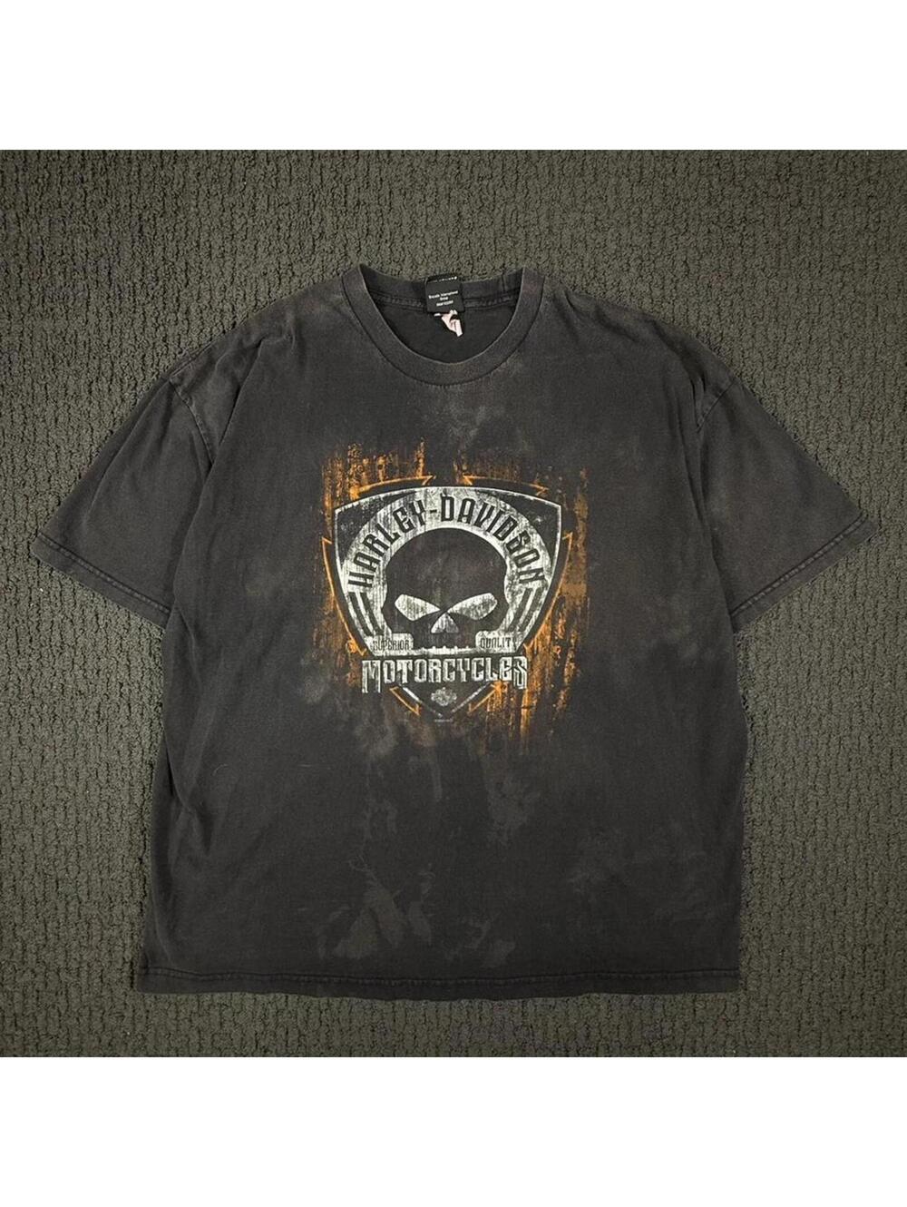 HARLEY DAVIDSON Flame Vintage Faded Worn Skull Graphic T Shirt